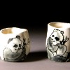 Panda saki cup set; white glaze with black underglaze.
